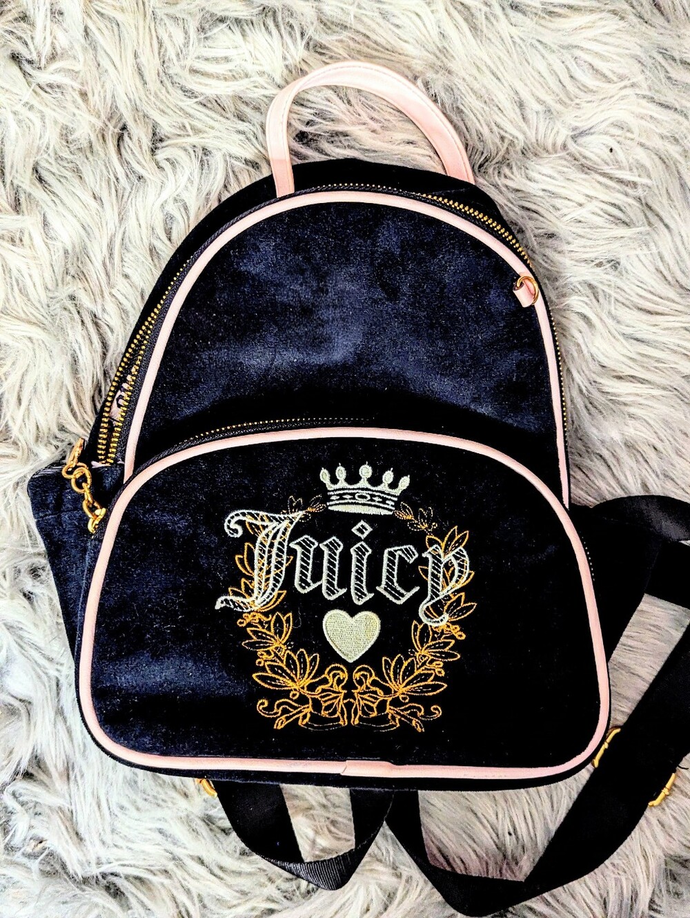 Juicy Couture Black Velvet Mini Backpack with Pink Trim